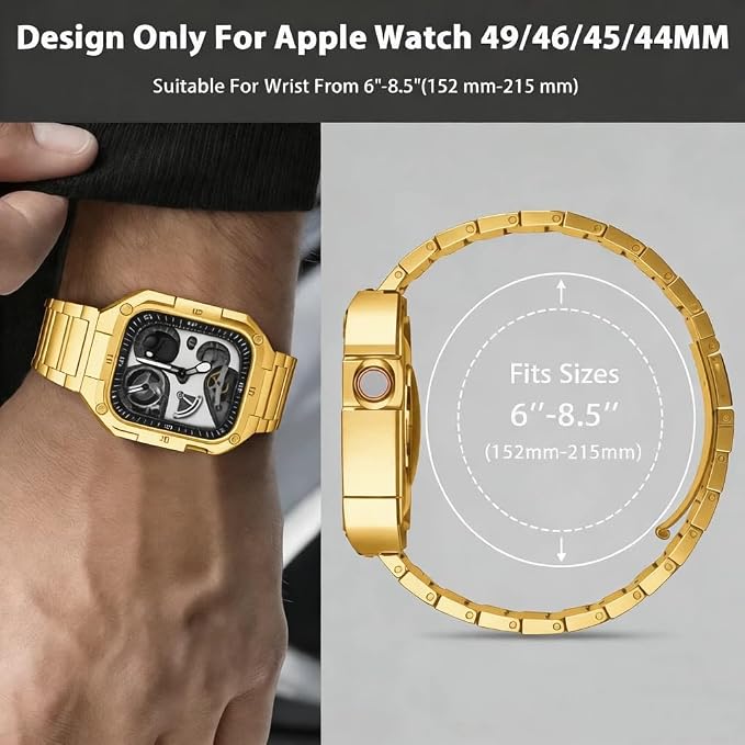Stainless Steel Case and Band Compatible for Apple Watch Ultra 2 Band/Apple Watch Band 49mm 45mm 44mm 42mm,Fomal Metal iWatch Ultra/Ultra 2 Case with Strap for Men Series 9 8 7 6 5 4 SE (Gold, 45mm (Series 9 8 7）)
