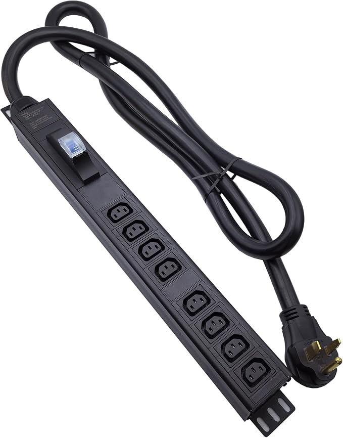 L6-50P 50 Ampere Rack Mounted PDU Power Socket with 8-Position C13 Socket Output Circuit Breaker Protection, Aluminum Alloy Shell 6-Foot 8AWG Cable (C13-08-S)