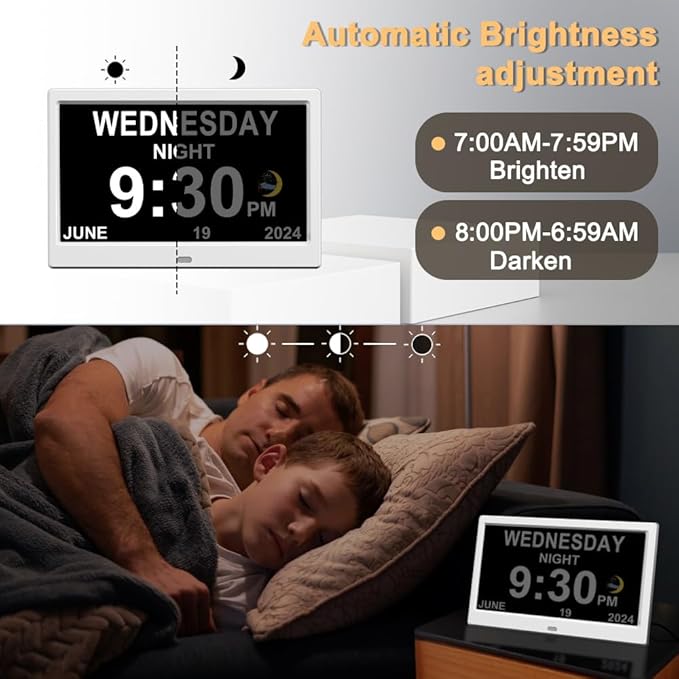 CAZOKASI Extra Large Impaired Vision Digital Alarm Clock with Day and Time for Elderly DST Calendar Clock No Battery Plug-in Power Outage Memory Auto Dimmable Clock (10.1 Inch White)