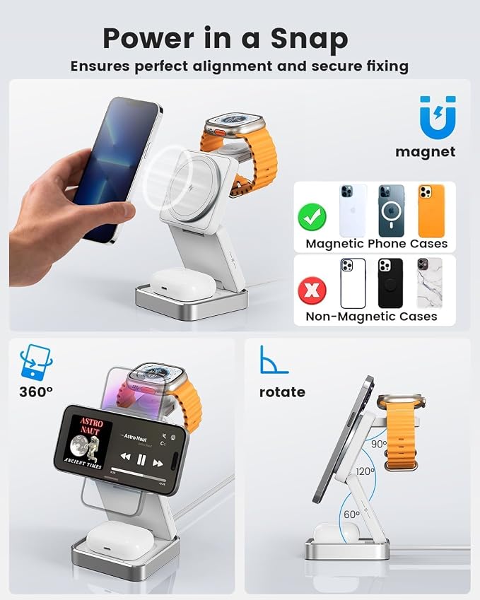3 in 1 Wireless Charging Station Magnetic Wireless Charger,Portable Foldable Travel Essential with Nightlight Fast Charger Stand for iPhone 17 Pro Max/17 Pro/17Air/17/16/15/14/13,AirPods&Apple Watch