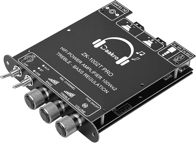 Daakro ZK-1002T PRO 2.0 Channel Bluetooth 5.3 Amplifier Board 200W HiFi Audio AMP with Treble and Bass, TWS,BT USB and AUX Inputs, DC 12-24V 2.0 Channel Stereo AMP Module for DIY Speakers