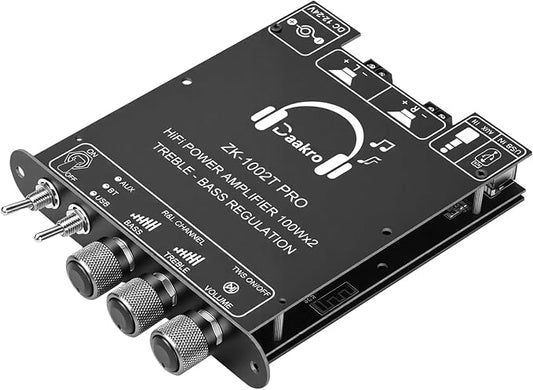 Daakro ZK-1002T PRO 2.0 Channel Bluetooth 5.3 Amplifier Board 200W HiFi Audio AMP with Treble and Bass, TWS,BT USB and AUX Inputs, DC 12-24V 2.0 Channel Stereo AMP Module for DIY Speakers