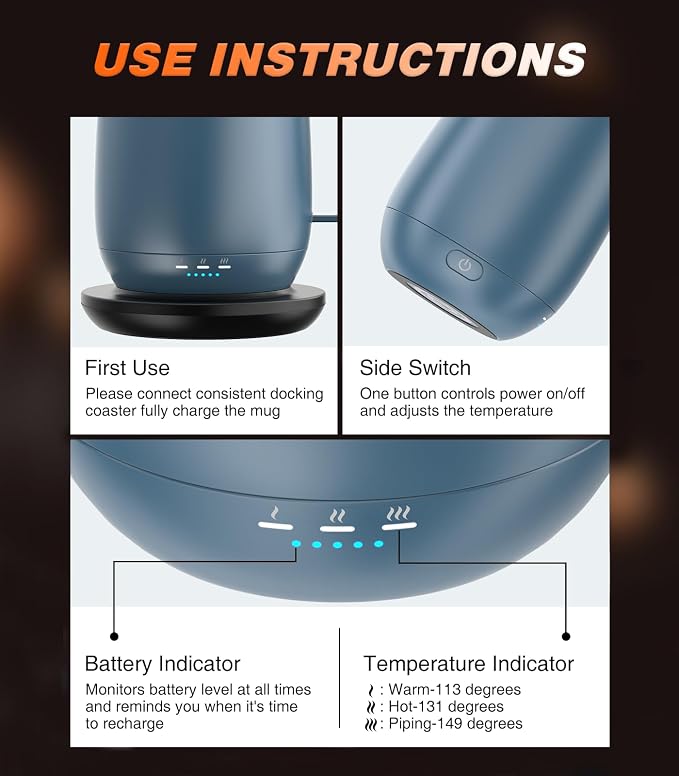 Kepwam Self Heating Coffee Mug T2, 16oz Smart Heated Coffee Mug, 150 Min Battery Life - Hot up to 149℉ Temperature Control Coffee Mug Warmer, Gifts for Dad Mom (No APP)