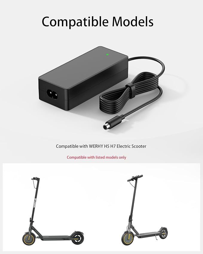 VHBW 42V 2A Charger Compatible with WERHY H5 H7 Scooter | Compatible with WERHY H5 and H7 scooters; 42V 2A output, 9.8 ft cord, ETL/SGS listed, for home or garage charging.