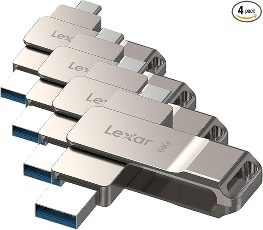 Lexar D40E 64GB Dual USB 3.2 Gen 1 Type-C Jump Drive, USB-C Flash Metal Housing Swivel Design Thumb Drive(Champagne Silver) (Pack of 4)