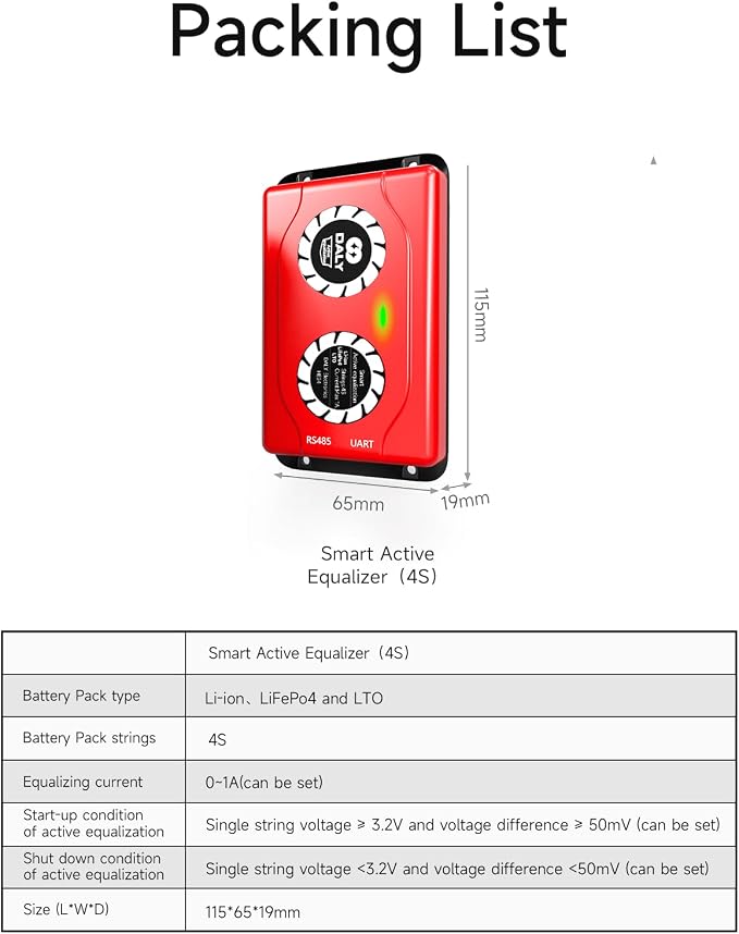 Daly Battery Equalizer 4S 1A with Bluetooth App and Wire Leads and Compatible Active Balancer for Lithium Battery Rated 3.7V 3.2V 2.2V