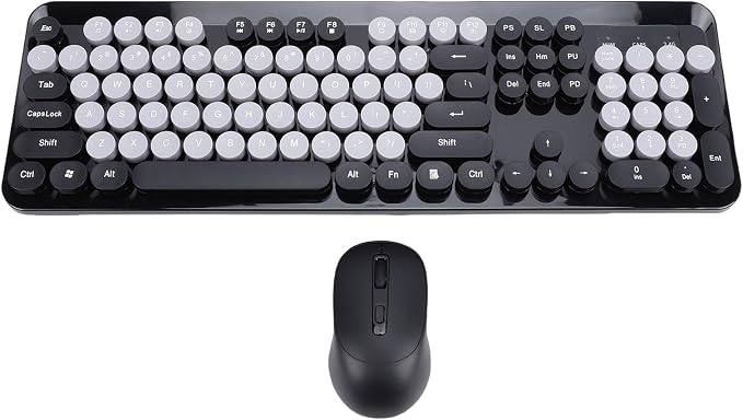 Wireless Keyboard and Mouse Combo, 2.4GHz Plug and Play with Retro Typewriter Style Round Keycaps, 104 Keys with Numeric Pad, for PC Laptop Desktop (Black)