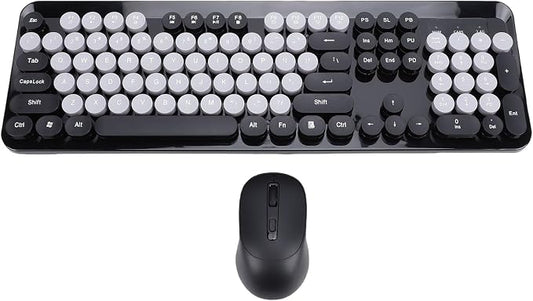 Wireless Keyboard and Mouse Combo, 2.4GHz Plug and Play with Retro Typewriter Style Round Keycaps, 104 Keys with Numeric Pad, for PC Laptop Desktop (Black)