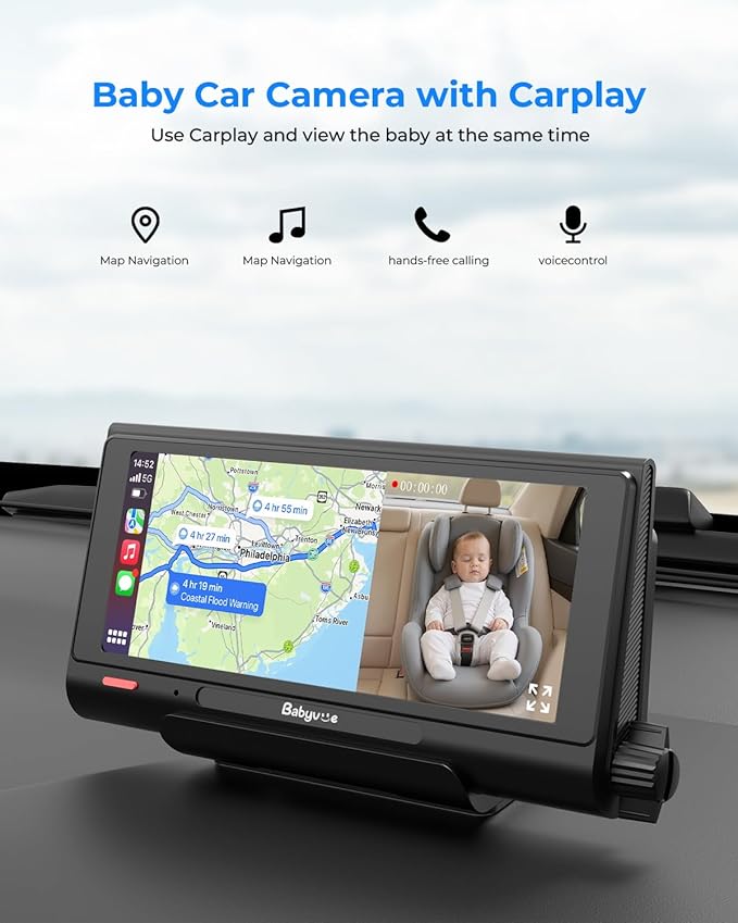 Babyvue BV7 7.2" Baby Car Camera with Carplay Split Screen and Recording, 1080P IR Night Vision Car Baby Monitor, Foldable Stand, Sleep Mode, Easy Install & Quick Pairing for Safer Driving