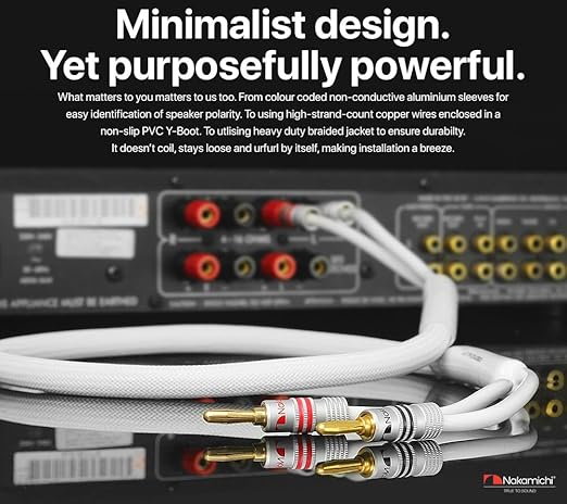 Nakamichi Excel Series 24k Gold Plated Banana Plugs with Speaker Cable Wire 99.9% Oxygen-Free Copper (OFC) Heavy Duty Braided for Amplifier Hi-Fi Home Theatre - White (12 AWG / 15 feet / 4.5m)