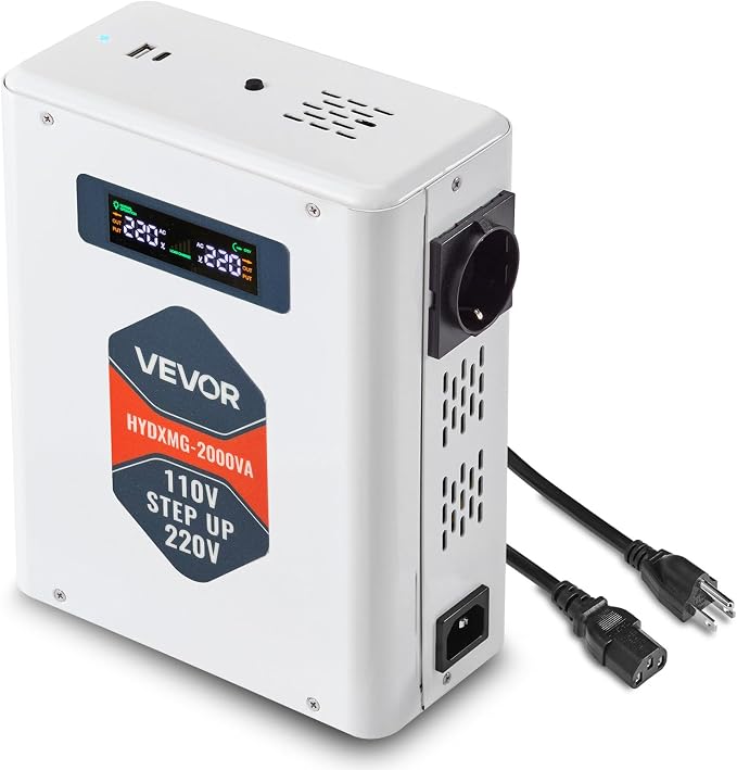 VEVOR Step Up Voltage Converter, 2000VA, Heavy Duty Voltage Power Converter, 110V to 220V Power Transformer, with 2 EU Outlets, USB Output, LCD Display, Temperature Protection, for 220V Appliances