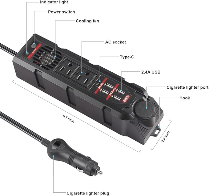 200W Car Power Inverter,DC 12V to 110V AC Vehicle Converter with Type-C Port,Dual AC Outlets and 4 Quick 2.4A USB Ports for Car Cigarette Lighter Adapter