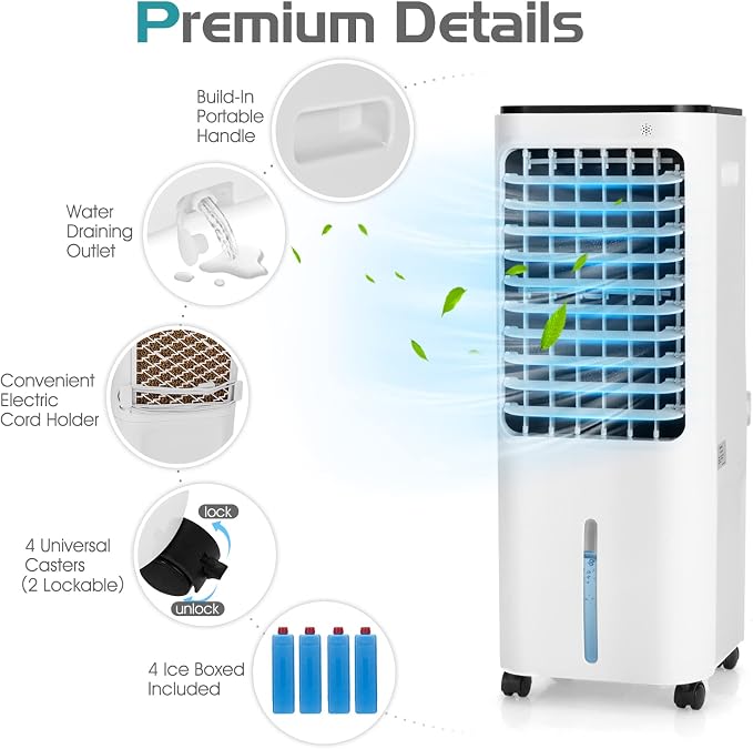 GOFLAME 4-IN-1 Evaporative Air Cooler, Portable Air Cooling Fan Air Humidifier with 4 Ice Packs and Remote Control, Quiet Swamp Fan with 3 Speeds & 4 Modes, 12L Water Tank, 7.5H Timer