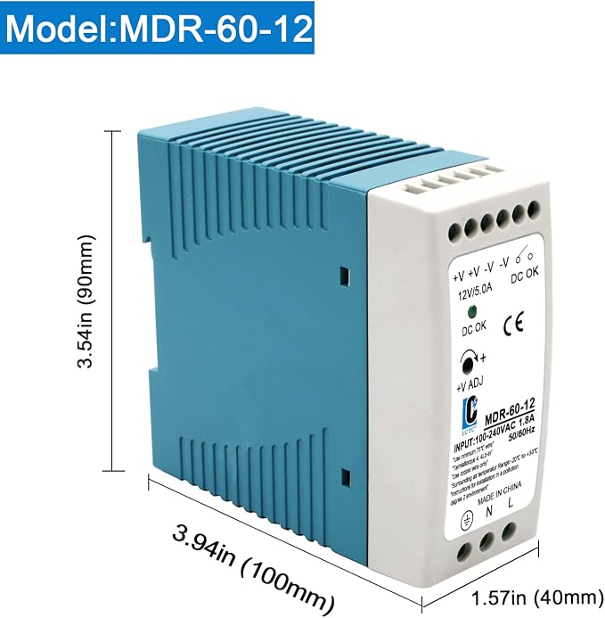 DIN Rail DC 12V Switching Power Supply MDR 60W (Input:100-240VAC,Output:12VDC,50/60HZ) Switch Converter (12V 5A)