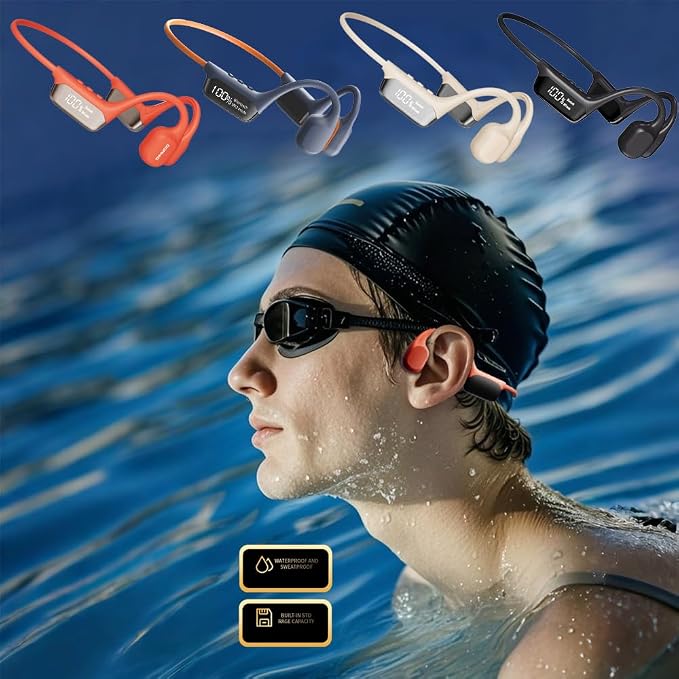 AYI True Bone Conduction Swimming Headphones with Bluetooth 5.4 & MP3 Player Mode 32GB Built-in Memory IPX8 Waterproof Screen Display Pain-Free Open-Ear Earphone for Sport and Work-Light Gray