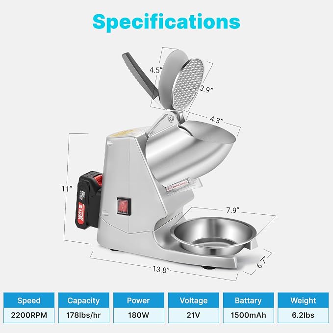 Portable Cordless Ice Shaver Machine, 178Ibs/h Dual Blade & Single Battery | 180W Battery Powered Ice Crusher Machine for Home Use &Outdoor (Backyard & Patio), Extra Blades & Ice Pick, Silver