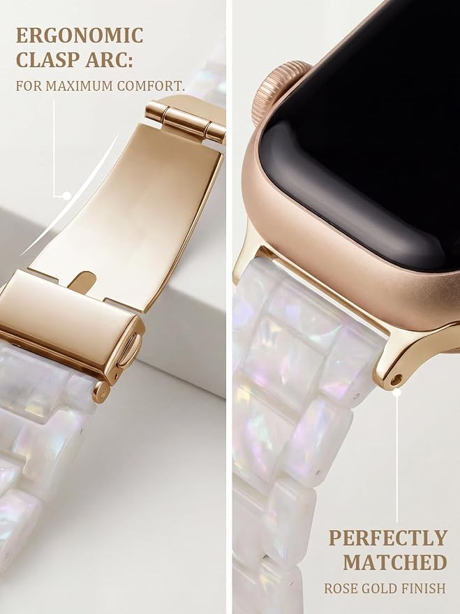 V-MORO Resin Band Compatible with Apple Watch Series 7/8/9/10/11 41/40/38/42mm, Women Fashion Strap for iWatch Series 6/5/4/3/2/1/SE, Lightweight Bracelet Wristband Replacement, Ivory White-Rose Gold