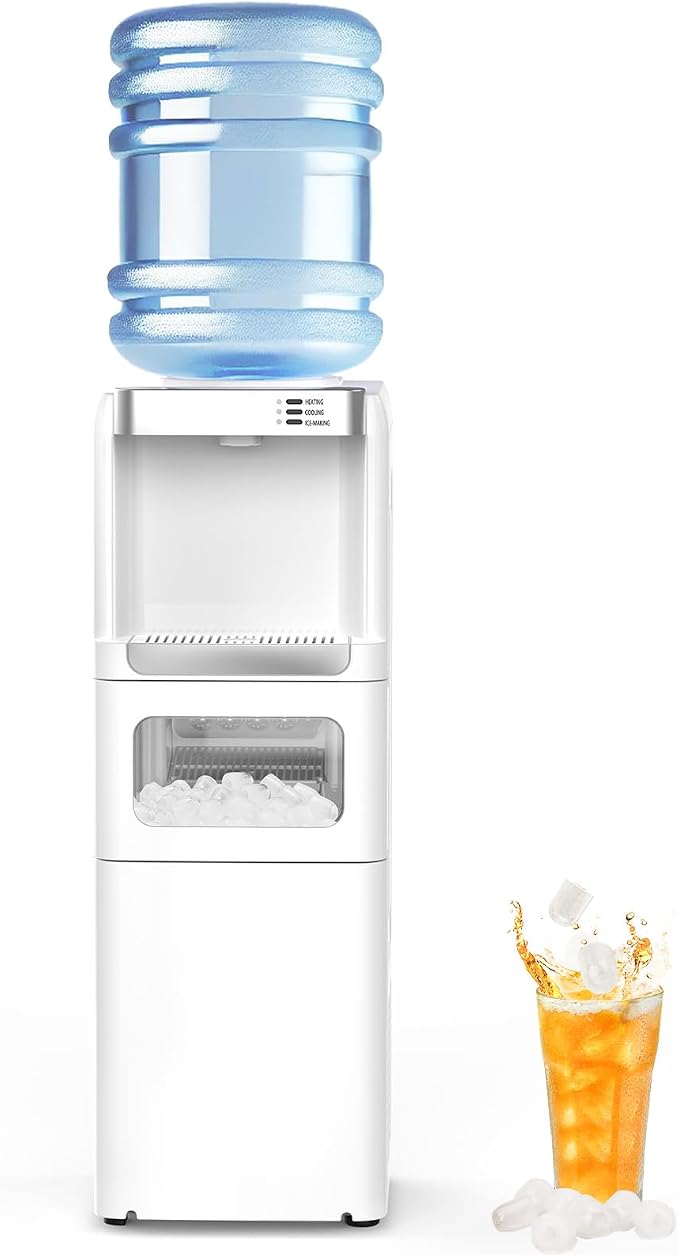 Electactic Water Dispenser with Ice Maker Function, Top Loading Hot and Cold Water Cooler for 5 Gallon Bottle - Includes Child Safety Lock - Water Machine for Home, Office, Garage - White