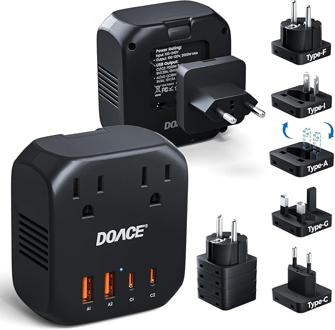 DOACE 2000W 220V to 110V Converter for European Travel for Hair Dryers, Voltage Converter US to Europe with Fast Charging Power Converter Adapter Combo with 4 USB Ports Step Down Transformer