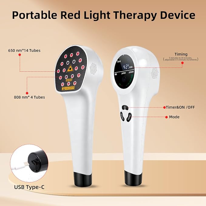 Handheld Red Light Therapy Devices, Portable Near Infrared Light Therapy for Face & Body, Wireless Red Light Therapy Wand for Pain Relief Joint, Muscle Pain for Dogs & Cats（650nm + 808 nm）