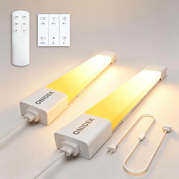 ONIDEK Under Cabinet Lights with Plug. 3000K-6500K Dimming and Color. with Wireless Control Panel and Remote Control.15W 1500LM for Garage, Kitchen, Bathroom, Closet, Office (16 inch-2pcs)