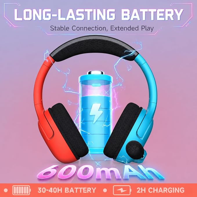 AOC Wireless Gaming Headset for Nintendo Switch 2/OLED/Lite, Wireless Gaming Headphones with Mic, 3.5mm Stereo, Noise Cancelling Mic, Lightweight On-Ear for PS5, PC, Fortnite (Red/Blue)