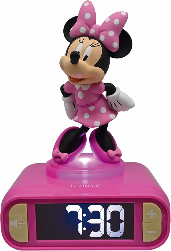 Lexibook, Disney, Minnie Nightlight Alarm Clock, Sounds and Melodies, LCD Backlit Screen, Luminous, Snooze, Pink, M