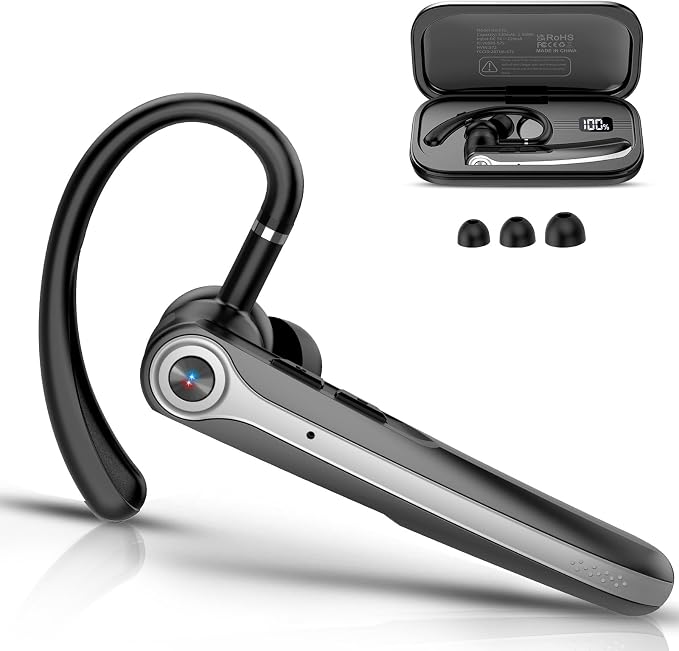 Bluetooth Headset, Wireless Bluetooth Earpiece with ENC Noise Canceling Mic | ENC Noise Canceling Mic, 120Hrs Talk Single-Ear Headphones, LED Display, IPX7, V5.4 Hand-Free Earphone