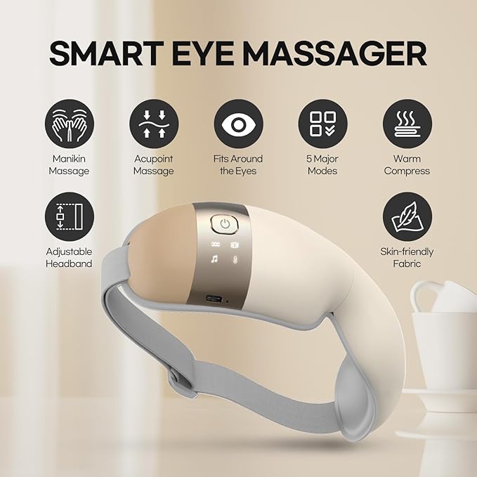 HuBDIC HubiCare Eye Massager with Heat, Mothers Day Birthday Gifts for Women, Her, Men, Him, Vibration, and Music, Heated Eye Mask for Dry Eyes, Eye Strain Relief and Relaxation (Beige)