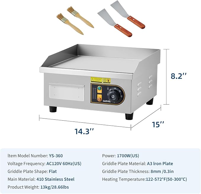 Garvee 14in Commercial Electric Griddle, 1700W Countertop Flat Top Grill, Stainless Steel Griddle Grill with 2 Shovels and 2 Brushes for Home or Restaurant, 122℉-572 ℉ Adjustable Temp