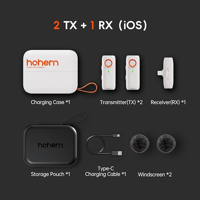 hohem Mic, Wireless Lavalier Microphone, Plug & Play, DSP Noise Cancellation, 20-Hour Battery, Microphone for iPhone, Record Interview, Vlogs, Tiktok (2 TX + 1 RX + Charging Case) (White)