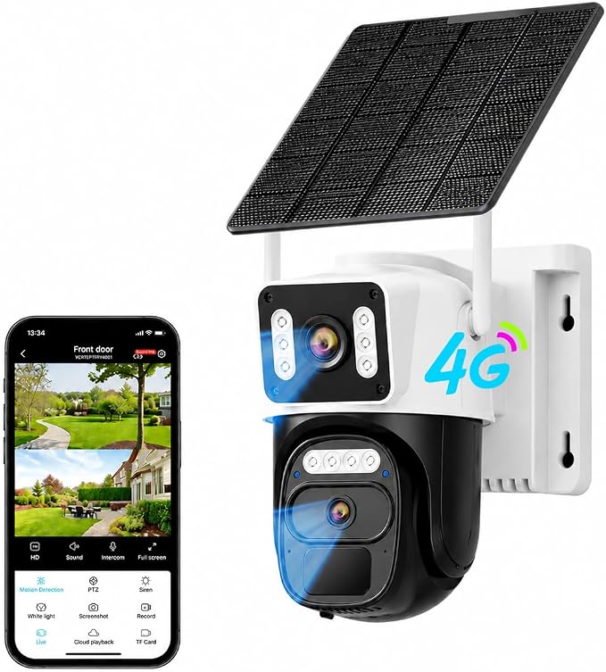HAWKRAY 4G LTE Outdoor Solar-Powered Cellular Security Camera (Built-in SIM Card, Data Plan Required; No Wi-Fi), Dual Lens, 355° PTZ, Color Night Vision, PIR Motion Detection, Two-Way Audio
