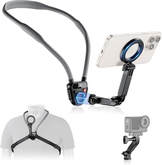 JJC Magnetic Neck Mount for Phone & Action Camera, POV Neck Holder for iPhone 17-12 Series Android Phones Gopro Insta360 with Quick Release & Angles Adjustment for Content Creating Video Filming