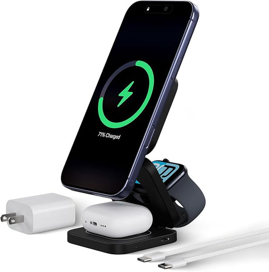 KU XIU X55 Turbo 25W 3-in-1 Charging Station for Apple Device, Foldable Magnetic Charger for iPhone 17/16, 5W for Apple Watch & AirPods, Fast Travel Wireless Charging Stand with 45W Adapter