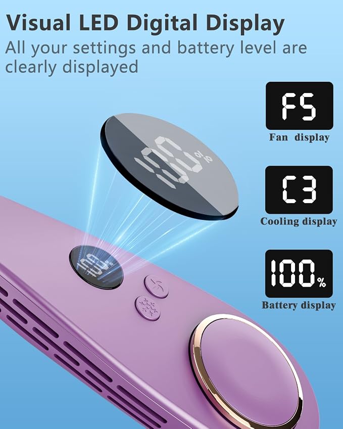 Personal Neck Fans that Blow Cold with Cooling Plate, Wearable Around Bladeless Cooling Device, Rechargeable Head Neck Coolers for Kids Women Men Extremely Hot Weather Outdoor Indoor, Dark Purple