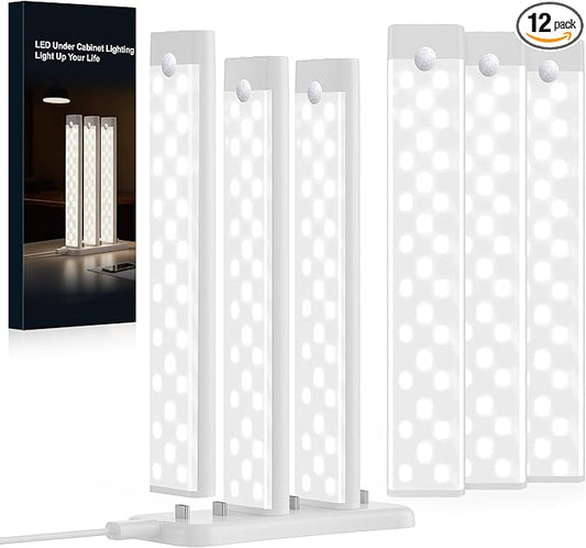 12 Packs Under Cabinet Lighting with 2 Charging Station 8 Inches, Rechargeable Motion Sensor Light Indoor, 3 Color Dimmable Closet Light, USB Led Stick on Under Counter Lights for Kitchen Shelf