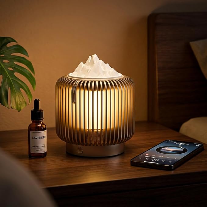 Masdio Bluetooth Speaker & Aroma Diffuser Night Light, Rotating Mountain Aroma Diffuser, Candlelight Mode, Stepless Dimming, 14H Battery, Lantern-Inspired Metal Design for Bedroom