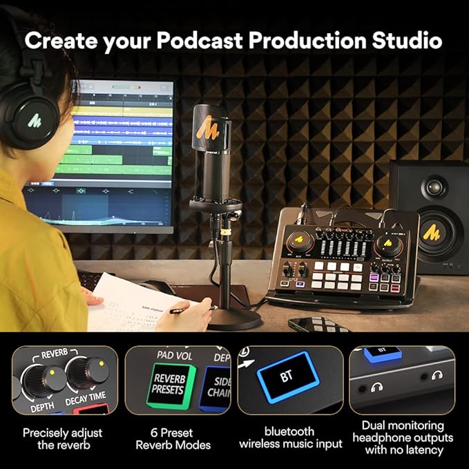 Audio Interface with XLR Condenser Microphone and Studio Microphone-Podcast Equipment-MAONO-MaonoCaster-All in One - with premium mic preamp for Podcast Recording, Streaming, Youtube, PC, Smartphone