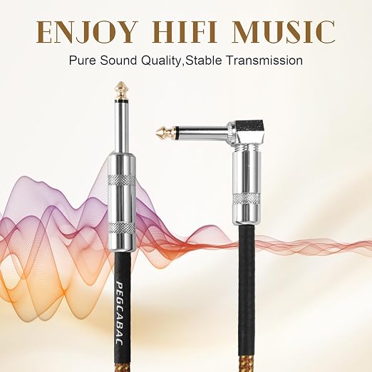 10FT 2-Pack Guitar Cable, TS 1/4 Inch Straight to Right Angled Gold Plated Instrument Cable for Electronic Guitar/Bass and Keyboard