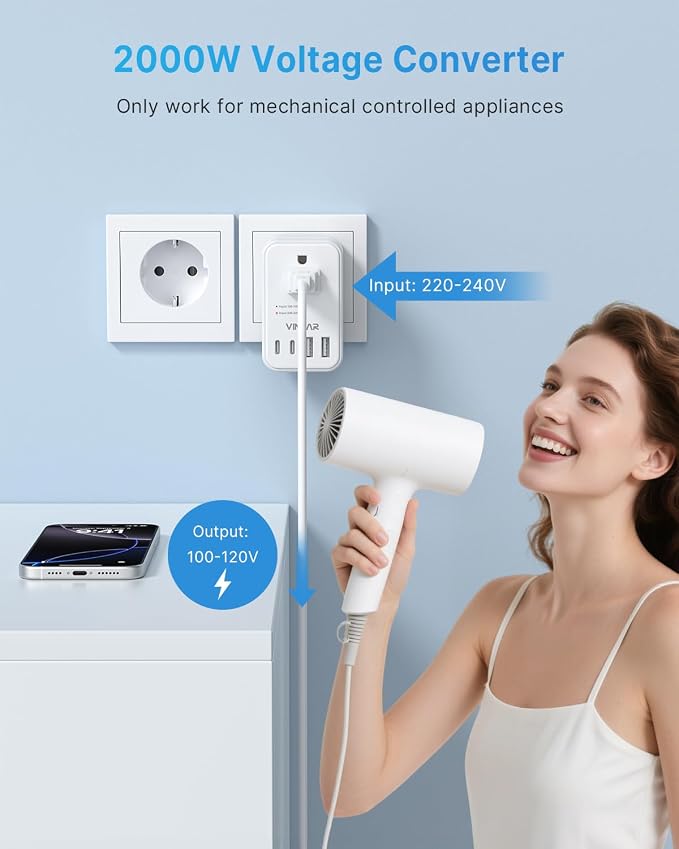 220V to 110V Travel Voltage Converter US to Europe, VINTAR 2000W Foldable European Travel Plug Adapter with 4 USB (2 USB C), Converter for European Travel for Hair Dryer Straightener Curling Iron