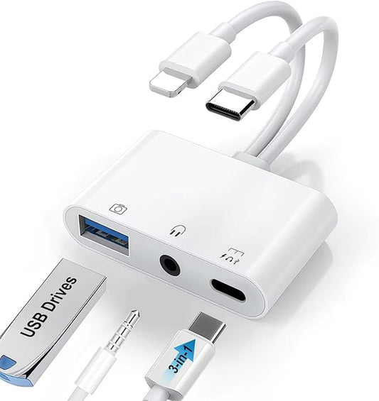 USB C & Lighting to 3.5mm Headphone Adapter, 3-in-1 USB OTG Camera Adapter & Aux Headphone Splitter, Supports Charging/Audio/Data Transfer for iPhone 17/16/15/14/13/12, Samsung Galaxy S25/24, Laptops