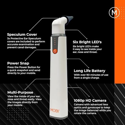 MOBI Smart Otoscope for Ears, Nose & Throat, 1080P HD Ear Camera with App for Adults & Kids, Rechargeable Digital Otoscope with 6 LED Lights, Multi-Axis Gyroscope & 3 Speculum Tips
