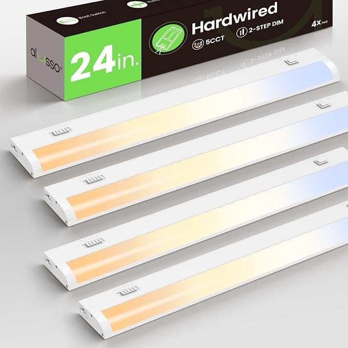 ALUSSO 24 Inch LED Under Cabinet Lighting Hardwired 120V, 5CCT Color Selectable 2700K-5000K Dimmable 15W 1200LM High Brightness, CRI 90+ Strip Linkable Under Counter Lights for Kitchen Sink, 4 Pack