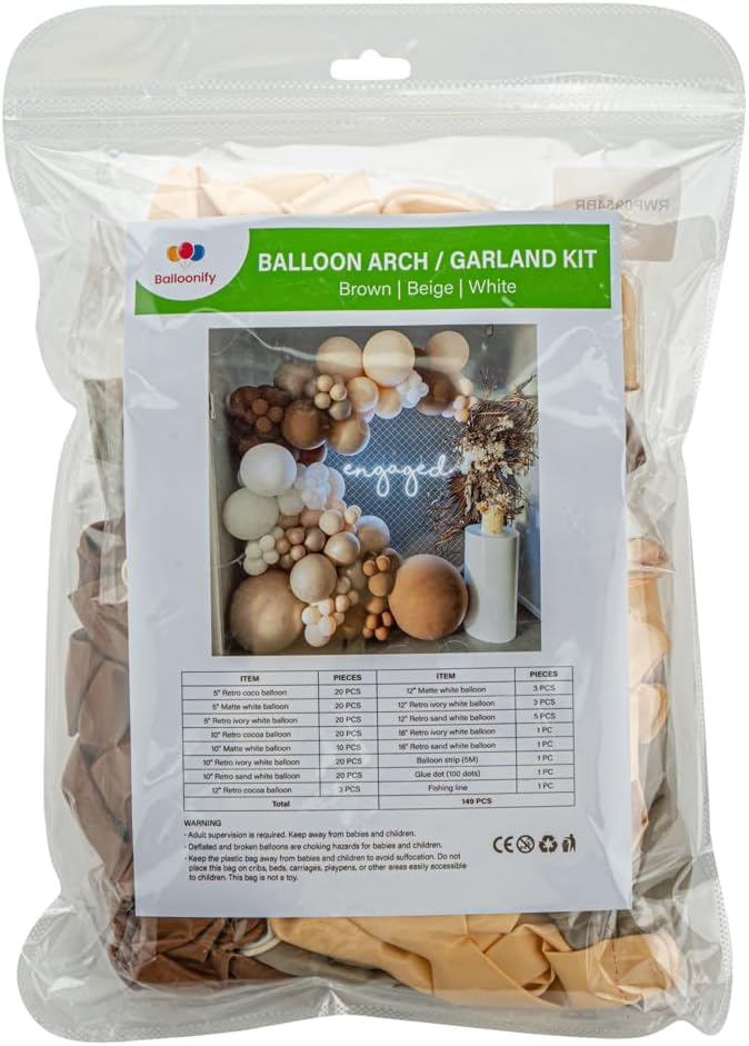Restaurantware-Balloonify Balloon Garland Set, 1 Party Decoration Kit - 146 Balloons, With Chain, Brown, Beige, & White Latex Balloon Arch Kit, Includes Glue Dots, And Fishing Line