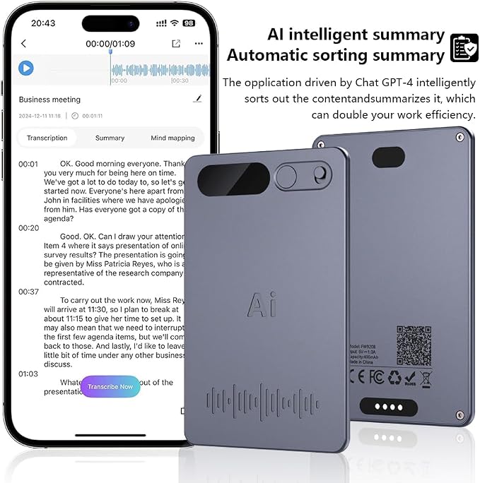 Voice Recorder with Black Case, AI Powered Transcription & Summary, Multiple Language Support, App Control, 64GB Storage, Meeting Friendly