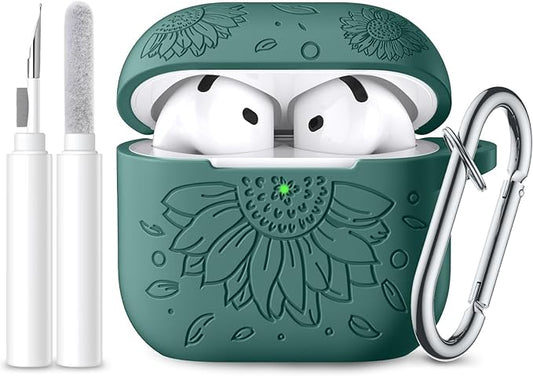 Lerobo for Airpods 4 Case Cover with Cleaner Kit, Cute Floral Engraved Soft Silicone Protective Case with Keychain Compatible with Apple AirPod 4th Gen for Women,Wireless Charging & LED Visible
