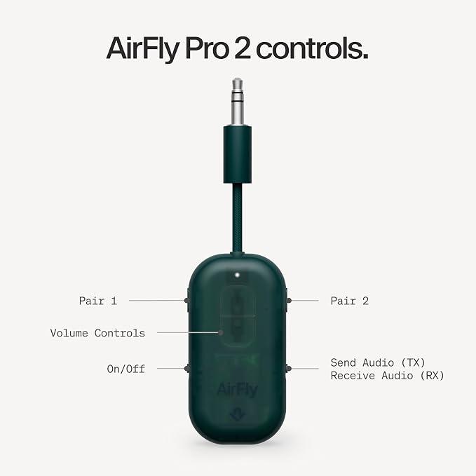 AirFly Pro 2 – Bluetooth Adapter for Airplane, Pair 2 AirPods or Wireless Headphones – 3.5mm AUX Bluetooth Transmitter for Cars, Boats, Treadmills, TVs– Airplane Travel Essentials, Teal Ice