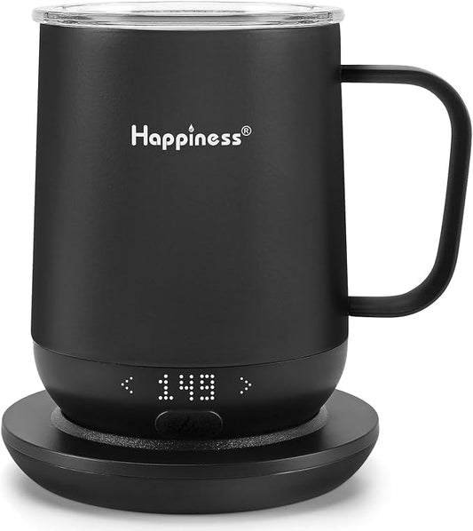 Happiness Smart Heated Coffee Mug 12oz,Rechargeable Electric Self Heating Temperature Control Coffee Cup Gifts for Mom Dad Women Men