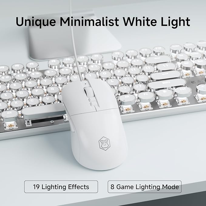 EWEADN Wired Typewriter Keyboard and Mouse Combo, Typewriter Style Mechanical Keyboard,104 Keys Backlit LED Keyboards, Media Control Knob, Wired Keyboard White Switch for Windows/PC-White