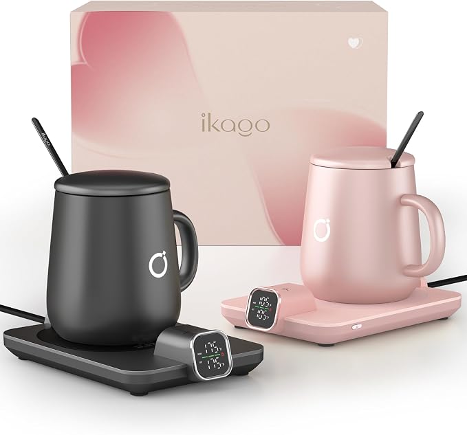 2Pcs Heated Coffee Mug Warmer & IKAGO Mug Set - Heated Mug Warmer Plates with Auto Shut Off, 1°F Precise Electric Coffee Warmer Plates for Desk, Valentine's Day Gift for Couple, Black and Pink